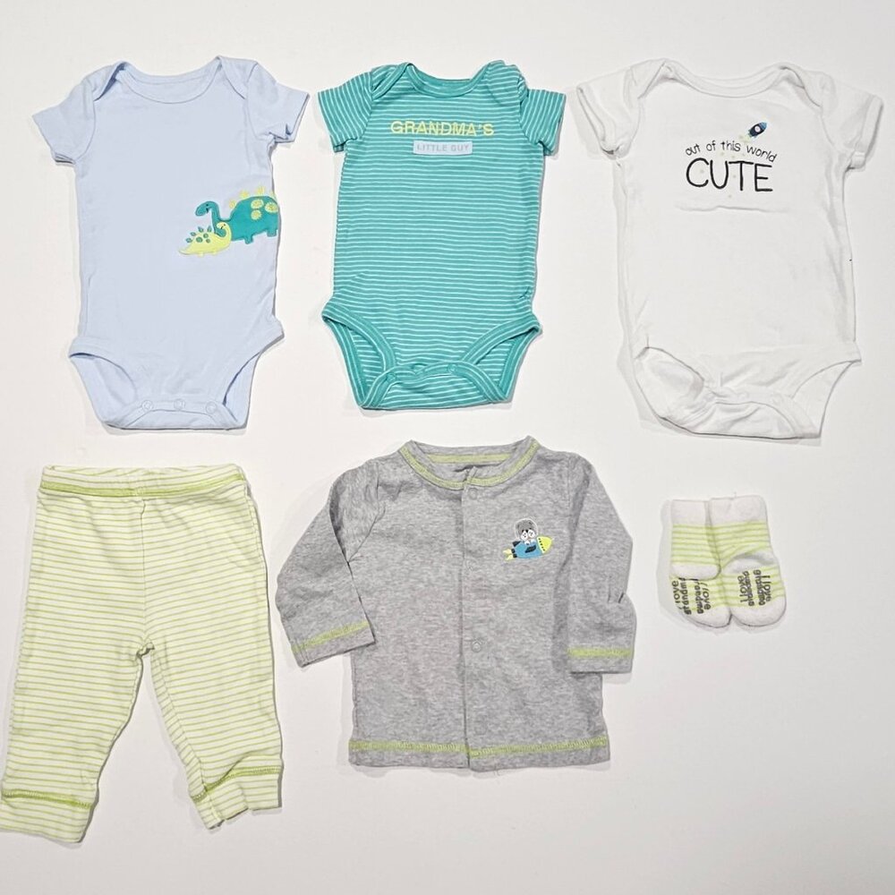 Carter’s(Just one You) 3M lot—3 onesies + cardigan/pants/socks set